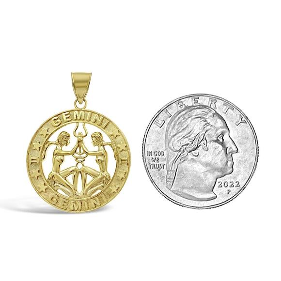 10k Yellow Gold Gemini Pendant Zodiac Star Sign Charm 1.1 inch - Picture 2 of 3